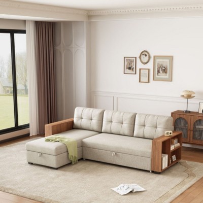 Upholstered Pull Out Sectional Sofa with Storage Chaise, Convertible Corner Couch, Dark Grey-Wooden handrail