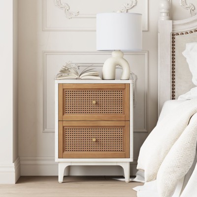 JIONJOY Distressed Rattan Nightstand - Fully Assembled 2-Drawer Boho Bedside Table with Brass Knobs & Woven Cane Fronts