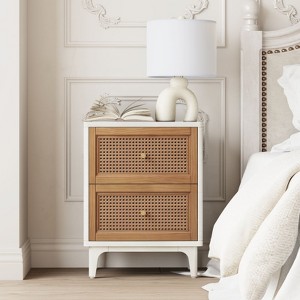 JIONJOY Distressed Rattan Nightstand - Fully Assembled 2-Drawer Boho Bedside Table with Brass Knobs & Woven Cane Fronts - 1 of 4