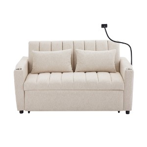 TiramisuBest 55.9" Convertible Loveseat Sofa Bed with 3 USB Ports, Storage, Dual Cup Holders & 360° Swivel Phone Holder, Adjustable,Light Grey - 1 of 4