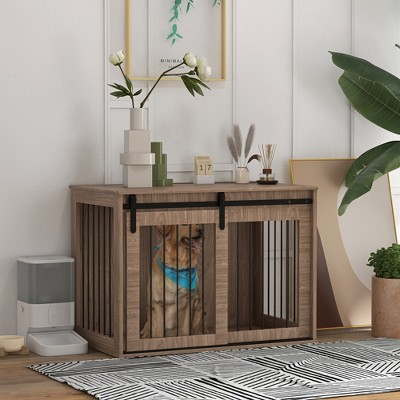 Large Walnut Brown Wooden Dog Crate Table