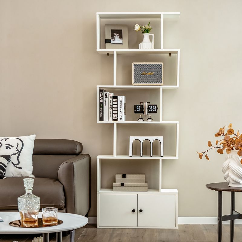 Tangkula 2PCS 6-tier Geometric Bookcase S-shaped Z-shelf Bookshelf Cabinet w/ Doors White, 4 of 10