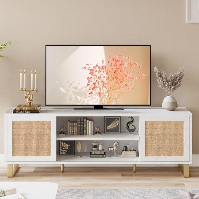 65" Rattan & Marble-Effect TV Stand – Boho-Chic Entertainment Center with Gold Accents, Storage Cabinets & Shelves for Living Room/Bedroom