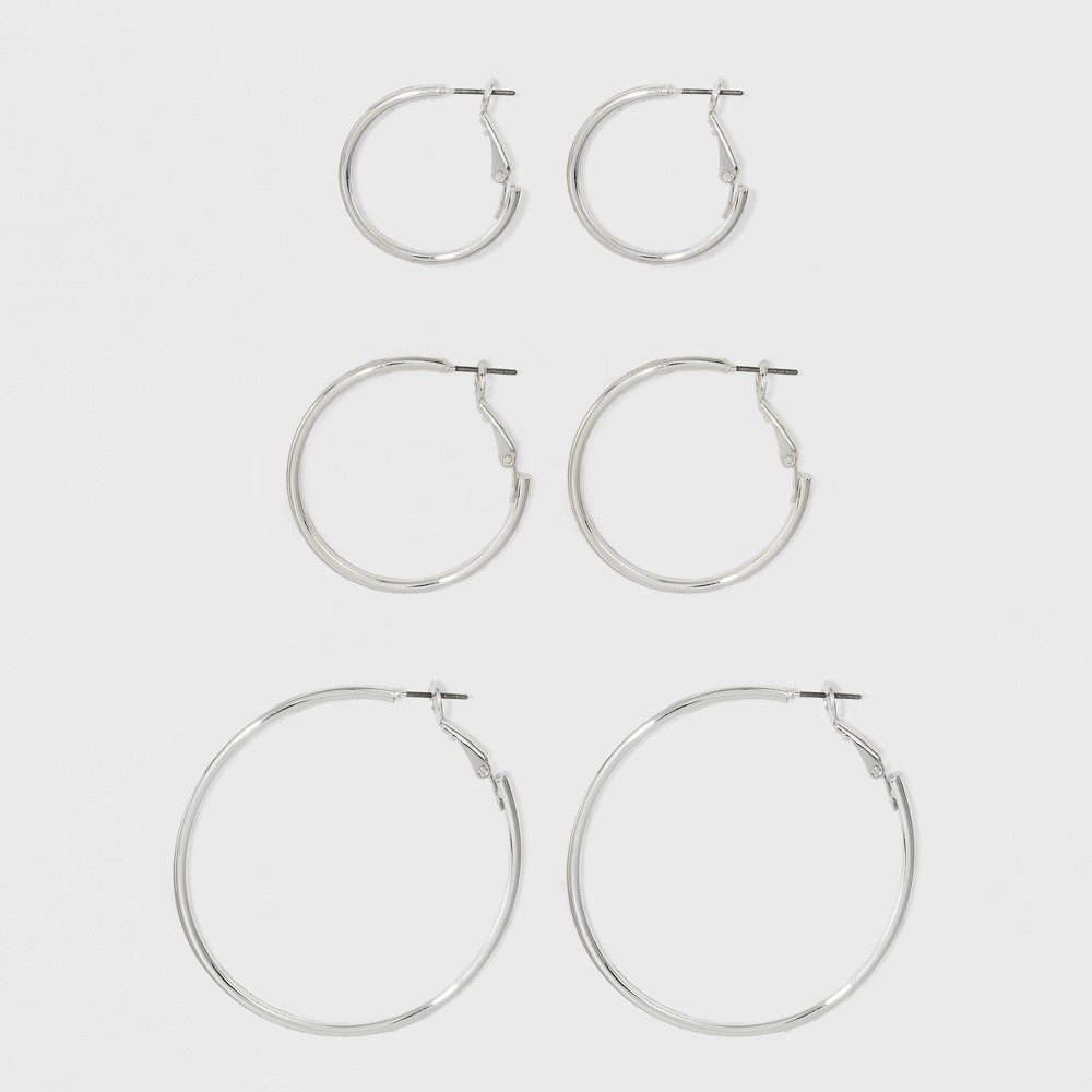 Photos - Earrings Hoop Earring Set 3pc - A New Day™ Silver: Nickel-Free Metal, Leverback Closure, 2.25" Length