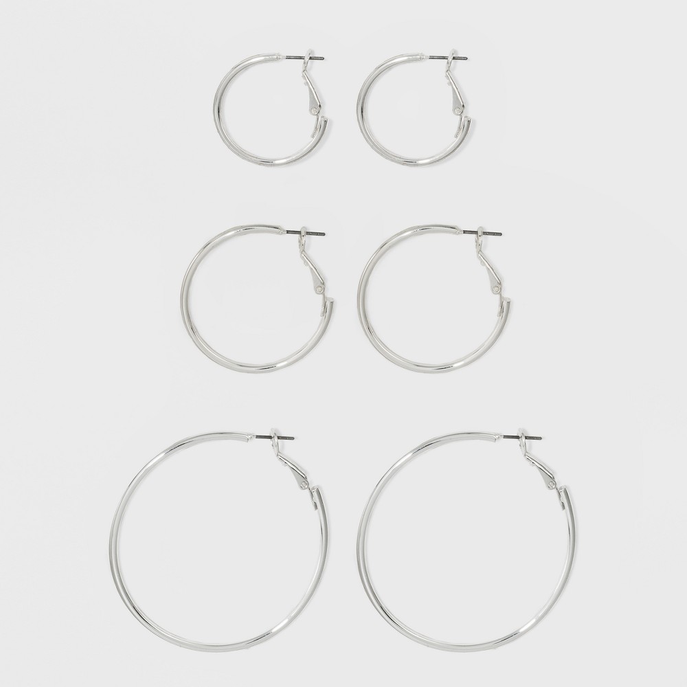 Photos - Earrings Hoop Earring Set 3pc - A New Day™ Silver