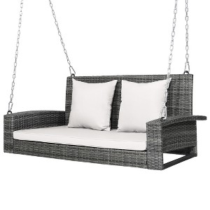 Costway 2-Person Patio PE Wicker Hanging Porch Swing Bench Chair with Cushion - 1 of 4