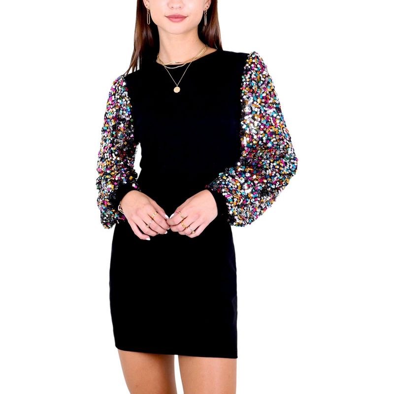 Anna-Kaci Women's Confetti Sequin Bishop Long Sleeve Round Neck Pullover Dress, 1 of 6