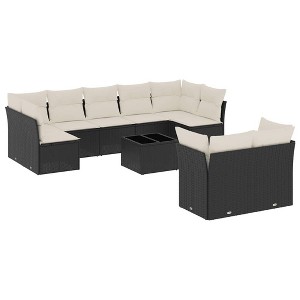 vidaXL 10 Piece Patio Sofa Set with Cushions Black Poly Rattan - Black and Cream With Table - 1 of 4