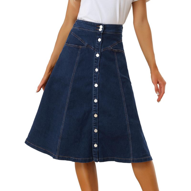Allegra K Womens' Stretchy High Waist Buttons Front Flowy Midi A-Line Skirts with Pocket, 1 of 6