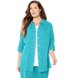 Catherines Women's Plus Size Anywear Pucker Cotton Buttonfront Roll Tab Shirt - 1 of 4