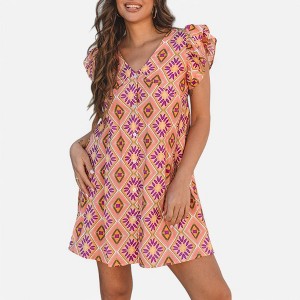 Amaryllis Women's Geometric Print V-Neck Dress Puff Sleeve Boho Chic Flowy Tunic Short Summer Dress - 1 of 4
