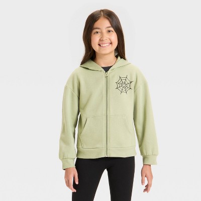 Girls' Zip-Up Halloween Spider Fleece Hoodie Sweatshirt - Cat & Jack™ Light Olive Green