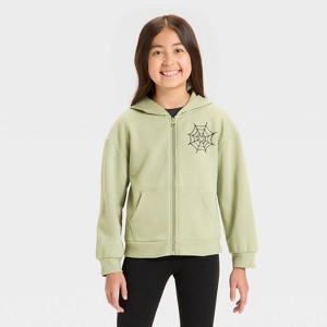 Girls' Zip-Up Halloween Spider Fleece Hoodie Sweatshirt - Cat & Jack™ Light Olive Green - 1 of 4