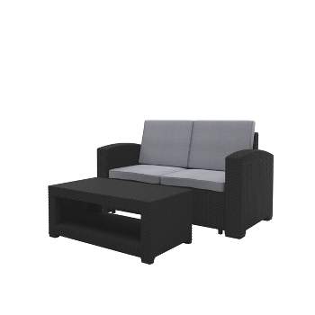 2pc All Weather Loveseat Patio Set with Cushions - Black/Light Gray - CorLiving