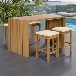 5-Piece Outdoor Patio Acacia Wood Bar Dining Set with 4 Cushioned Stools - 1 of 4