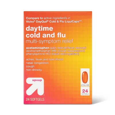   Basic Care Daytime Cold and Flu Relief Liquid Caps  Softgel, Non-Drowsy Cold Medicine, Relief of Pain, Fever, Cough, Sore  Throat, Nasal Congestion, 48 Count : Health & Household