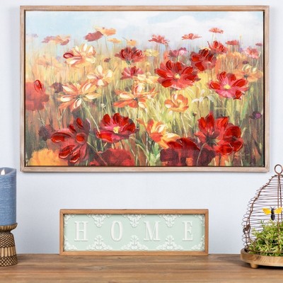 Vibrant Red and Orange Floral Canvas Wall Art with Brown Frame