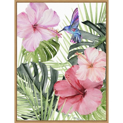 Tropical Botanical Flowers and Hummingbird Wall Art Mural