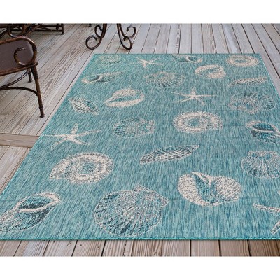 Aqua and White Synthetic Flat Woven Coastal Rug 4'10" x 7'6"