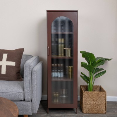 Vintage Brown Tall Metal Cabinet with Arched Glass Door and Adjustable Shelves
