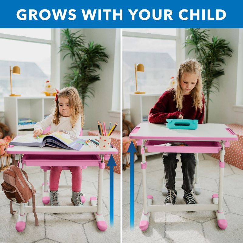 Mount-It! Kids Desk and Chair Set | Height Adjustable Ergonomic Children's School Workstation with Storage Drawer | Pink, 3 of 9