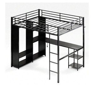 Coucheta Queen Loft Bed with integrated desk, wardrobe, shelves, hanging rod, guardrail and ladder. Perfect for space optimization. - 1 of 4