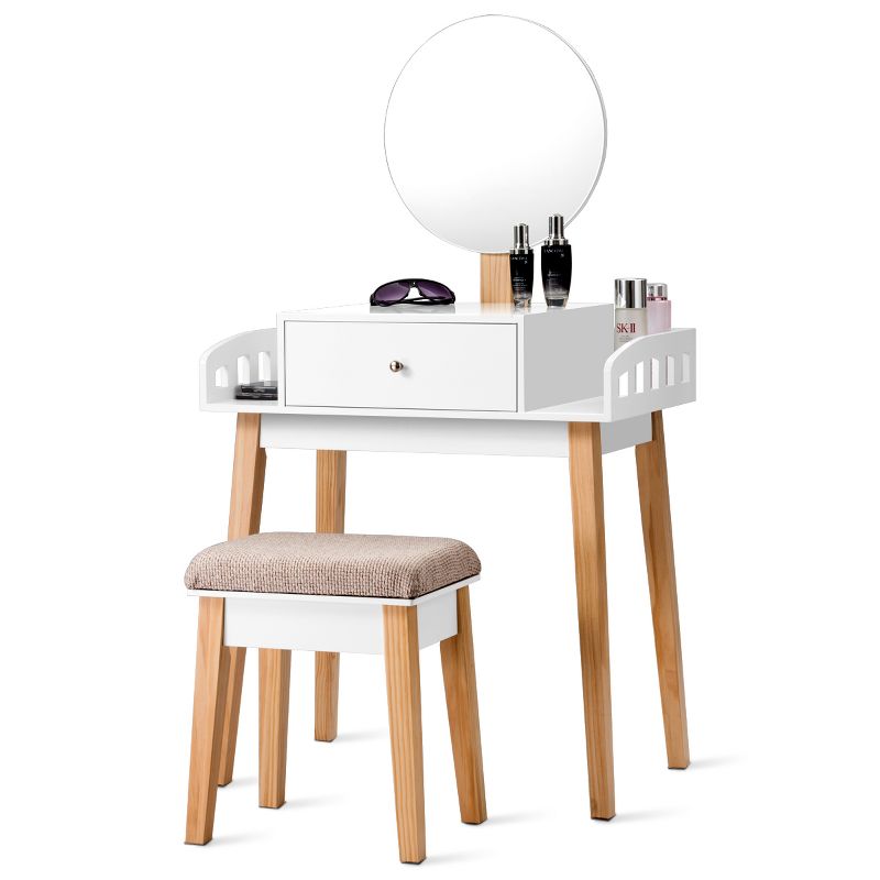 Costway Wooden Vanity Makeup Dressing Table Stool Round w/Drawer, 4 of 11