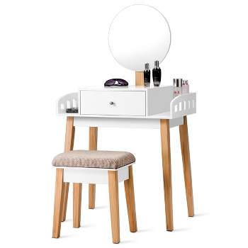 Tangkula Wooden Vanity Makeup Dressing Table Round Mirror Cushioned Stool with 1 Drawer