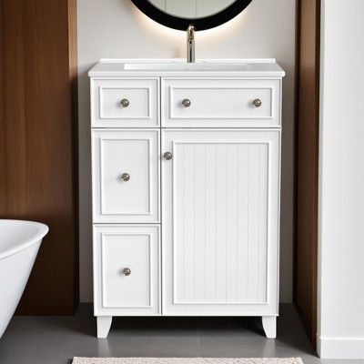 24" Bathroom Vanity with Sink, Free Standing Single Basin Vanity Set with Two Drawers and One Door - Leovsnove