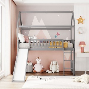 NicBex Twin Size Bunk Bed House Shape Loft Bed Pine Bed Frame with Full Length Guardrail, Slide and Ladder, No Box Spring Required - 1 of 4