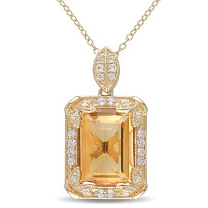 EVERLY JEWELRY | Yellow Plated Sterling Silver 6 3/4ct TGW Emerald Cut Citrine - White Topaz and Diamond Halo Pendant with Chain, 18 inc - 1 of 4
