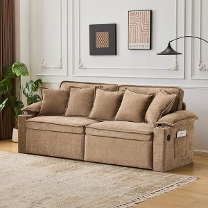 82.7"W 3-in-1 Convertible Sofa Bed with USB Charging, Storage & Cup Holders, Corduroy Sofa Couch Chaise Lounge - ModernLuxe - 1 of 4