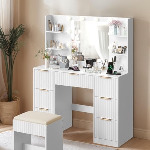 KTMBDW Fluted Makeup Vanity Desk with Mirror and Lights, Modern Vanity Table with 7 Drawers & 4 shelves, Dressing Table Set with Stool for Bedroom - 1 of 4