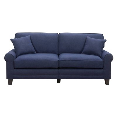 Navy Blue Leather Rolled Arm Sofa with Pillow Back