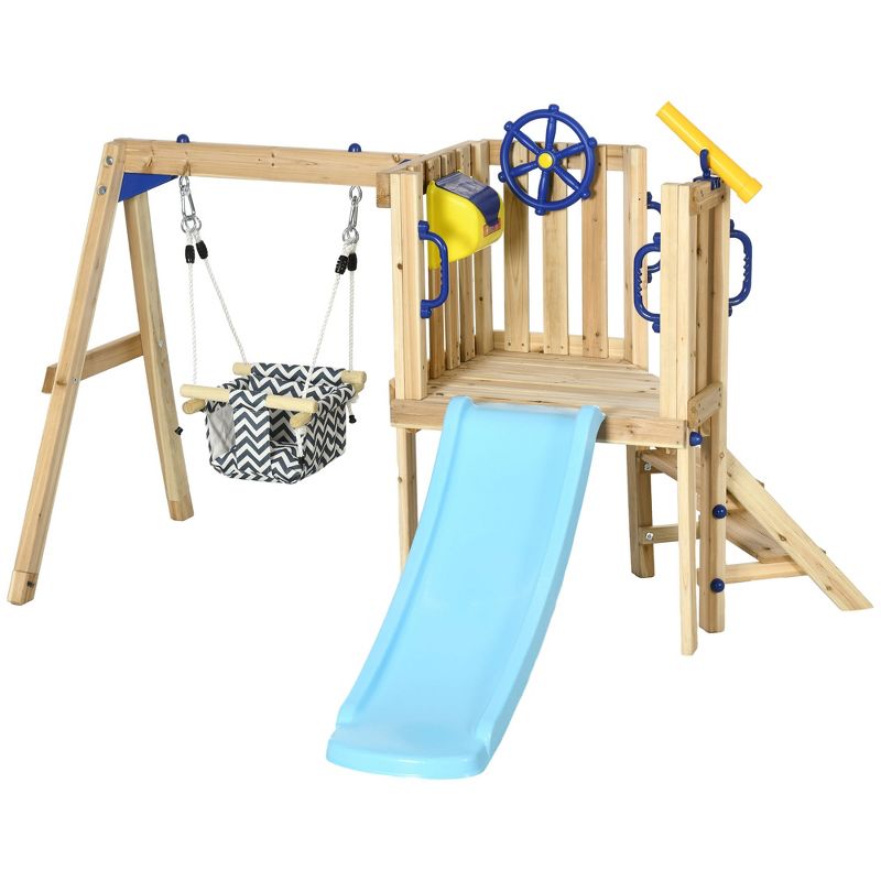 Outsunny Wooden Outdoor Playset with Baby Swing Seat, Toddler Slide, Wheel, Telescope, Backyard Playground Set, Kids Playground Equipment, Ages 1.5-4, 1 of 8