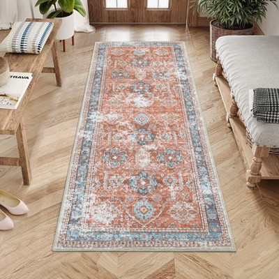 Machine Washable Vintage Floral Area Rug Ultra Thin Non Slip Carpet Stain Resistant Floral Printed  Floor Mat for Living Room Bedroom Kitchen