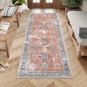Machine Washable Vintage Floral Area Rug Ultra Thin Non Slip Carpet Stain Resistant Floral Printed  Floor Mat for Living Room Bedroom Kitchen - 1 of 4