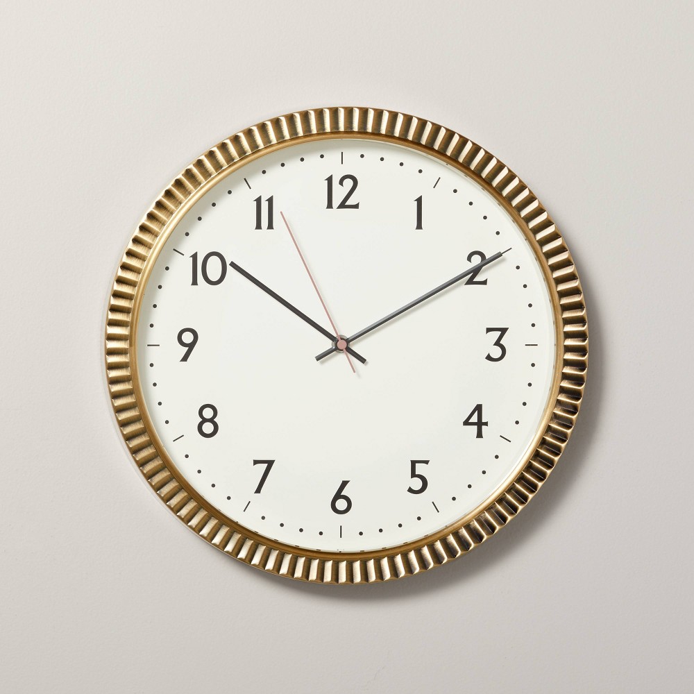 Photos - Wall Clock 14" Pleated Brass Round Analog  Antique Finish - Hearth & Hand™