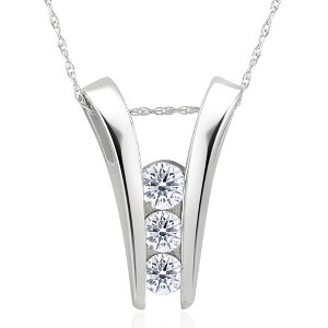 Pompeii3 1/2Ct Three Stone Round Cut Diamond Pendant 14k White Gold Necklace & Chain - 1 of 4