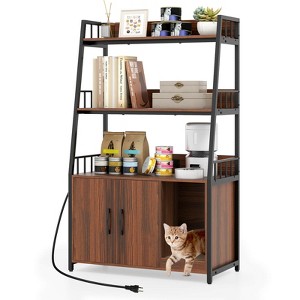 Costway Cat Litter Box Enclosure with Storage Shelves Scratching Pad Charging Station Coffee/Gray/Walnut - 1 of 4