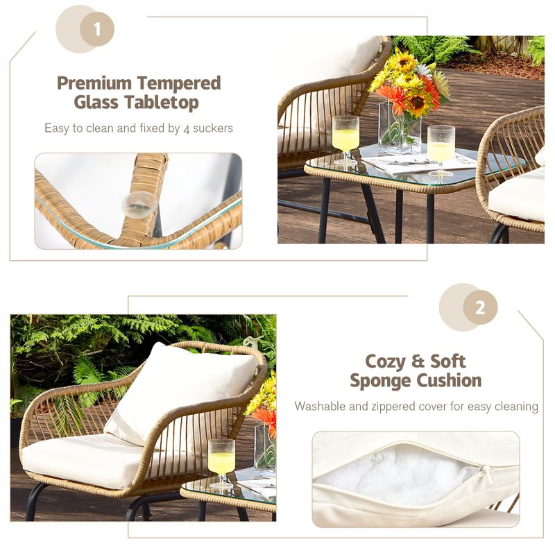 Tangkula 3PCS Patio Rattan Furniture Set Outdoor Bistro Set w/Washable Cushion Conversation Set w/2 Armchairs for Backyard White, 4 of 9