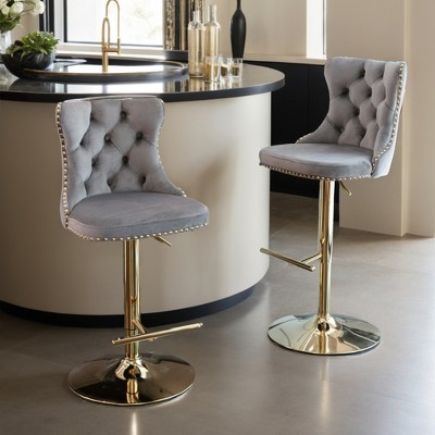 Modern Bar Stools Set of 2, Adjustable Swivel Counter Height Bar Stools with Back, Upholstered Bar Height Chairs with Golden Footrest - Leovsnove