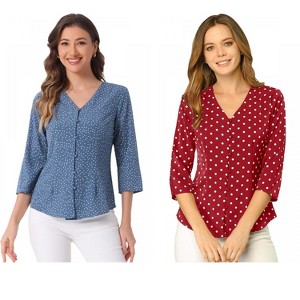 INSPIRE CHIC Women's Polka Dots 3/4 Sleeve Casual Button Front Shirt 2 Pieces - 1 of 4