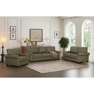 PU Leather Sofa with Nailhead Trim, Rolled Arms, and Rubber Wood Legs – Classic Upholstered Sofa Couch for Living Room - HABITRIO - 1 of 4
