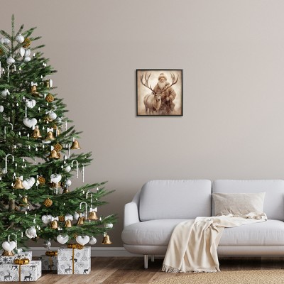 Traditional Santa and Reindeer Christmas Canvas Art in Black Frame