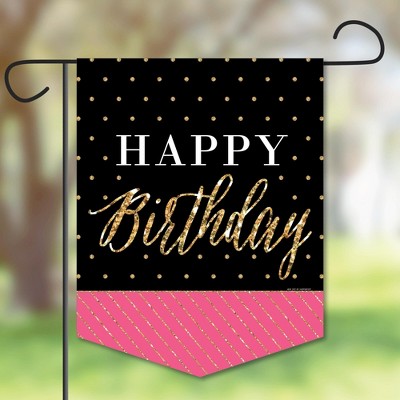 Big Dot of Happiness Chic Happy Birthday - Pink, Black and Gold - Outdoor Lawn and Yard Home Decor - Birthday Party Garden Flag - 12 x 15.25 inches