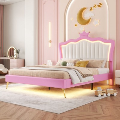 NicBex Twin/Full Upholstered Platform Bed Frame with LED Lights,Princess Bed with Crown Headboard for Girls,Noise-Free,Easy Assembly,Pink+White