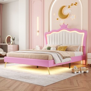 NicBex Twin/Full Upholstered Platform Bed Frame with LED Lights,Princess Bed with Crown Headboard for Girls,Noise-Free,Easy Assembly,Pink+White - 1 of 4