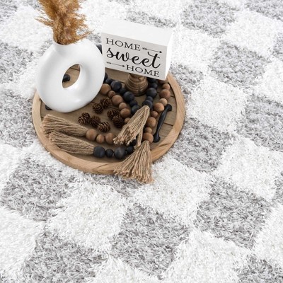 Light Gray and Cream Checkered Shag Synthetic Area Rug 7'10" x 10'3"