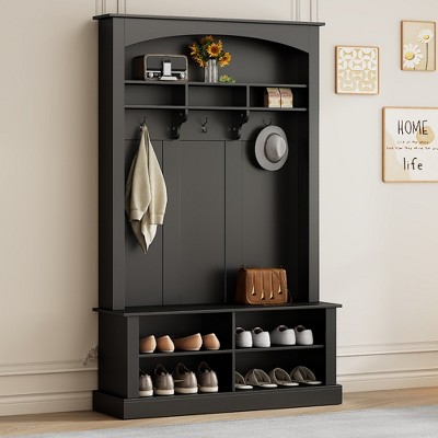 TIRAMISUBEST Hall Tree with Bench and Shoe Storage, Multi-functional Storage Bench with 3 Hanging Hooks & Open Storage Space